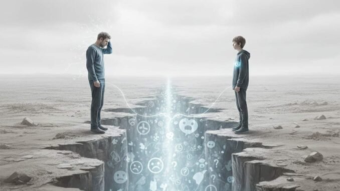 Ilustración conceptual de la paternidad nutriente: un joven caminando hacia un horizonte de autonomía mientras recibe herramientas de guía de sus padres, contrastado con la sombra de la sobreprotección