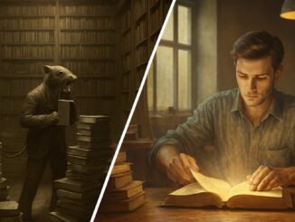 Comparativa visual entre un roedor acumulando libros en la oscuridad (erudición) y un hombre iluminado procesando un saber genuino (pensamiento sistémico).