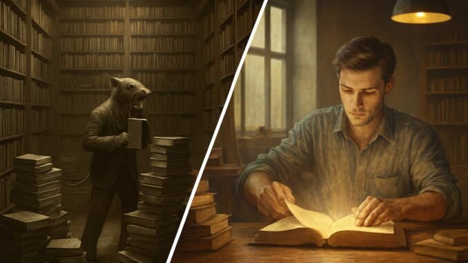 Comparativa visual entre un roedor acumulando libros en la oscuridad (erudición) y un hombre iluminado procesando un saber genuino (pensamiento sistémico).