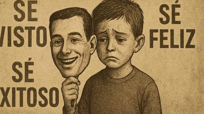 Ilustración de un niño triste sosteniendo una máscara sonriente con los textos "Sé visto", "Sé exitoso" y "Sé feliz", representando la presión social y la pérdida de identidad.