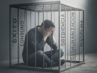 Representación metafórica de un individuo atrapado en una jaula conceptual de estereotipos y uniformidad mental, ilustrando la paradoja de la libertad impuesta.