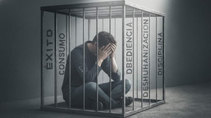 Representación metafórica de un individuo atrapado en una jaula conceptual de estereotipos y uniformidad mental, ilustrando la paradoja de la libertad impuesta.